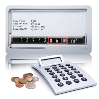 Diese Grafik veranschaulicht einen Gaszähler, Euromünzen und Taschenrechner und steht für Geldsparen beim Gasvergleich