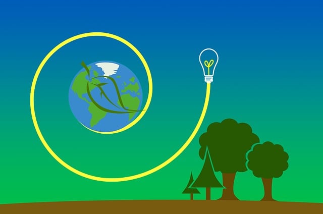 Cartoon von einer Weltkugel mit grünen Blatt, die sich durch eine gelbe geringelte Linie zu einer Glühbirne verbindet, und vier Bäumen im Hintergrund.