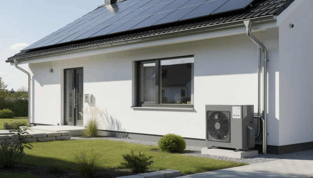 Eine moderne Wärmepumpe steht vor einem Einfamilienhaus, dessen Dach mit Solarpanelen ausgestattet ist. Diese Kombination aus erneuerbaren Energien zeigt, wie Haushalte durch den Einsatz von Ökostrom und Solartechnologie ihre Stromkosten reduzieren und umweltfreundlicher leben können.